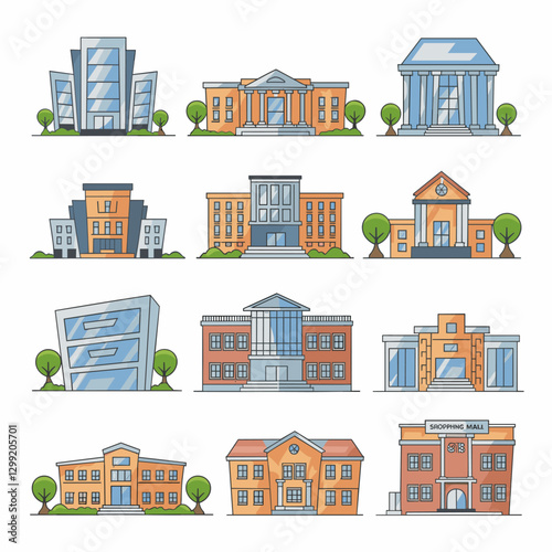 Explore a collection of hand-drawn building designs including shopping malls, government buildings, and modern skyscrapers, perfect for various projects in urban themes.