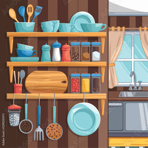 A vibrant illustration of a rustic kitchen shelf filled with colorful dishes, jars, and utensils, adding a warm and inviting homey touch.