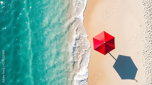 Aerial view of red and blue umbrellas on sandy beach, summer holiday concept with relaxing tropical vacation vibes, coastal landscape photo