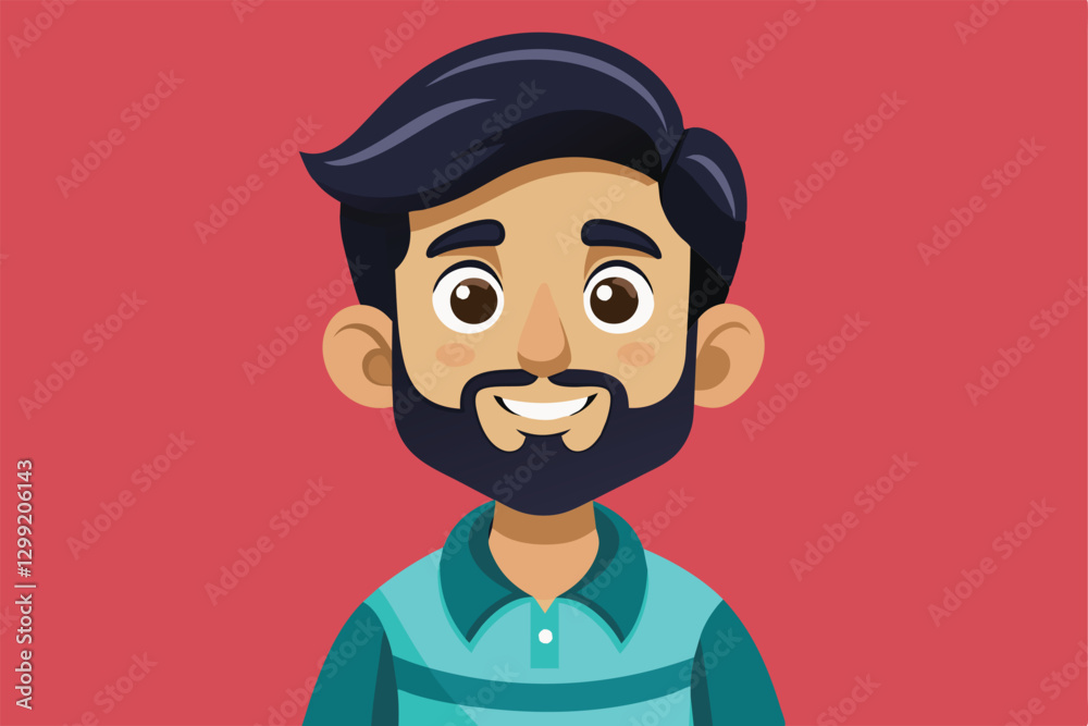 A cheerful cartoon character with a beard smiles warmly wearing a casual shirt in front of a red backdrop, Ok Customizable Cartoon Illustration A cheerful cartoon character with a beard smiles warmly wearing a casual shirt in front of a red backdrop, Ok Customizable Cartoon Illustration