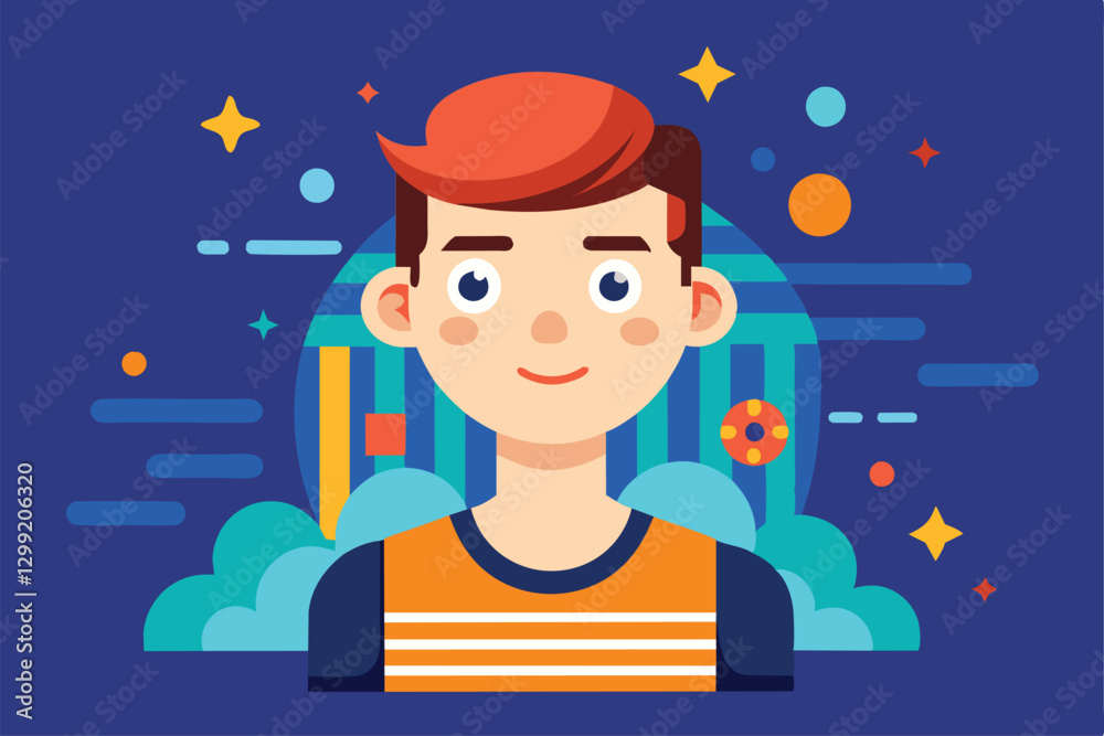 A young boy with red hair smiles brightly against a colorful background, showcasing playful graphics and hues, Ok Customizable Flat Illustration