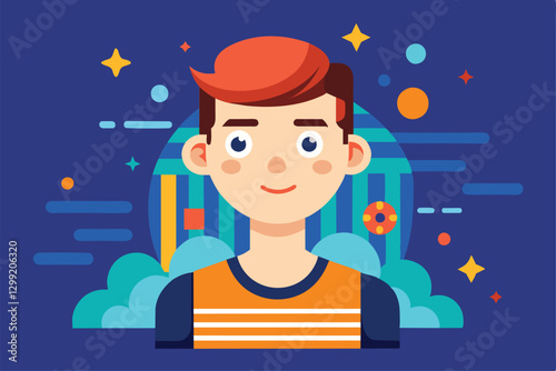 A young boy with red hair smiles brightly against a colorful background, showcasing playful graphics and hues, Ok Customizable Flat Illustration
