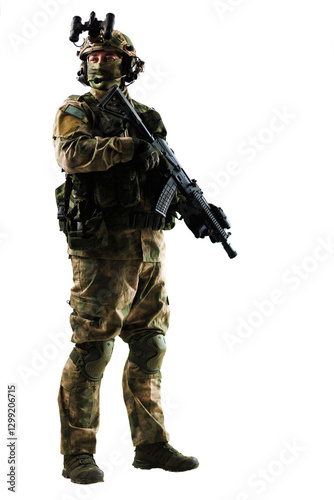 Military soldier in camouflage gear holding weapon on white background