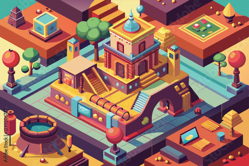 An engaging isometric layout showcases a nostalgic town filled with varied structures and vibrant landscaping, Old day Customizable Isometric Illustration