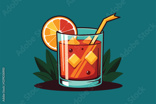 A colorful cartoon showcases a classic cocktail with ice and an orange slice adorned with a straw, Old fashioned cocktail Customizable Cartoon Illustration