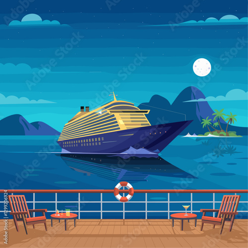 Experience the tranquility of a moonlit ocean cruise. A modern cruise ship glides across calm waters, framed by tropical islands.