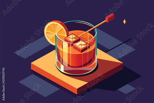 Enjoy a customizable old-fashioned cocktail featuring ice cubes and a slice of citrus on a vibrant background, Old fashioned cocktail Customizable Isometric Illustration