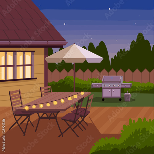 Charming backyard scene featuring a wooden dining table with string lights, chairs, and a grill, perfect for summer gatherings.