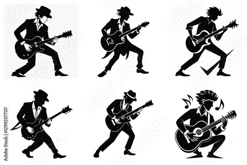 Dynamic Guitar Player Silhouettes Collection: Men Playing Electric and Acoustic Guitars in Various Rock & Blues Poses