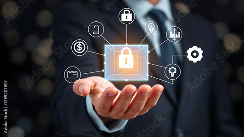 Businessman holding a digital security icon with padlock, representing data protection, cybersecurity, and privacy in a modern tech environment photo