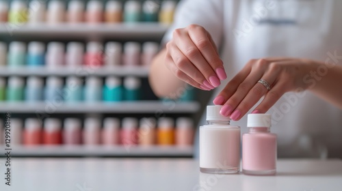 Hands arranging colorful nail polish bottles on display in beauty salon photo