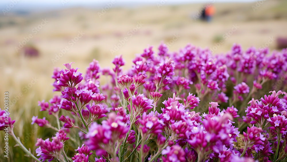 Obraz premium Field of purple wildflowers in focus with soft blur background, vibrant floral meadow in springtime bloom, nature landscape