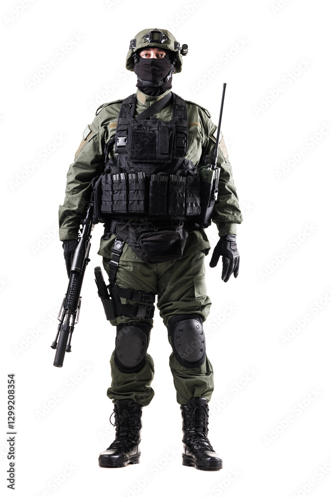 Armed Tactical Officer Standing in Protective Gear Holding a Rifle Against a White Background Armed Tactical Officer Standing in Protective Gear Holding a Rifle Against a White Background
