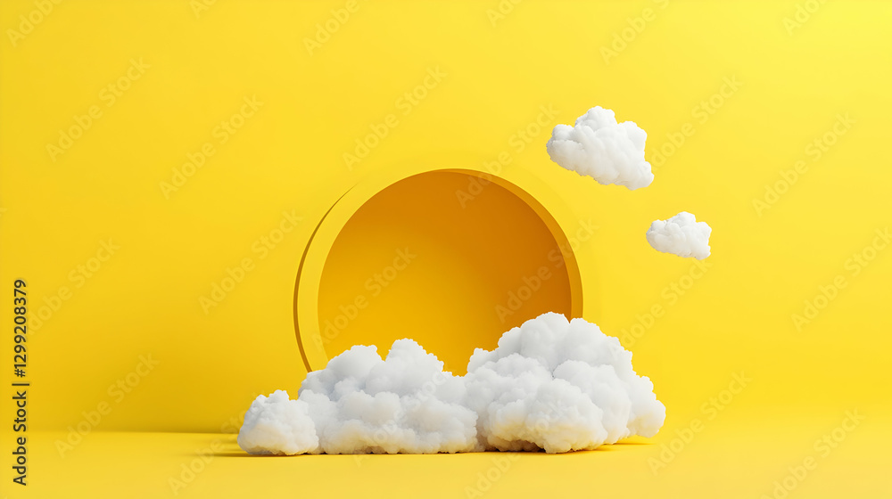 Abstract 3D Render Of White Clouds Through Yellow Circular Hole With Bright Lighting Abstract 3D Render Of White Clouds Through Yellow Circular Hole With Bright Lighting