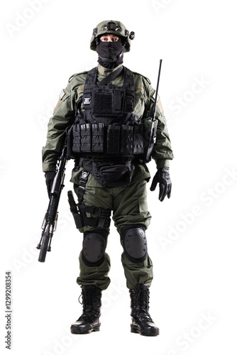 Wallpaper Mural Armed Tactical Officer Standing in Protective Gear Holding a Rifle Against a White Background Torontodigital.ca