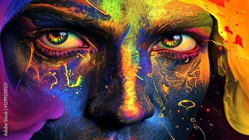 Vibrant close-up of a face painted in colorful patterns with expressive eyes and swirling colors