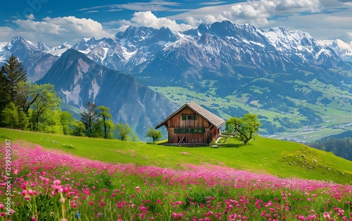 Alpine meadow with blooming flowers in the Swiss Alps.