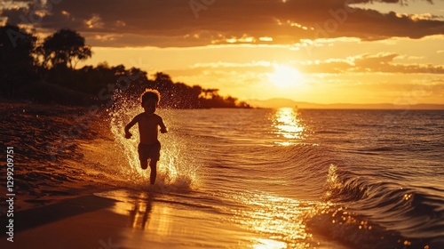 Young Boy Running Along Lake Malawi Shoreline at Sunset Splashing Water