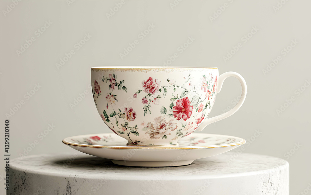 Beautifully crafted porcelain tea cup with floral design resting on saucer, showcasing elegance and intricate detailing in a minimalist setting Beautifully crafted porcelain tea cup with floral design resting on saucer, showcasing elegance and intricate detailing in a minimalist setting
