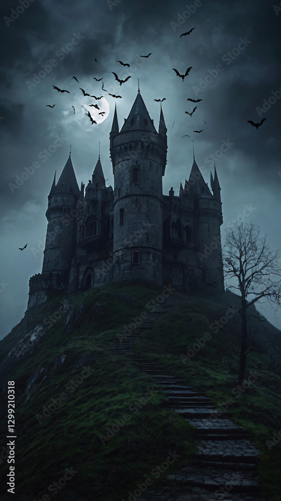 The image depicts a foreboding castle on a hill, surrounded by a misty, dark atmosphere. The image depicts a foreboding castle on a hill, surrounded by a misty, dark atmosphere.