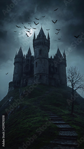 Wallpaper Mural The image depicts a foreboding castle on a hill, surrounded by a misty, dark atmosphere. Torontodigital.ca