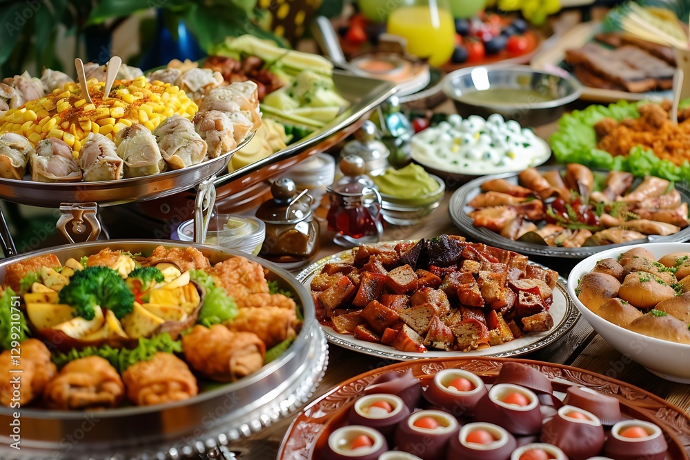 Top view of delicious food on the table. Thanksgiving dinner concept.