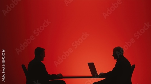 Silhouette of two businessmen meeting with laptops against red background