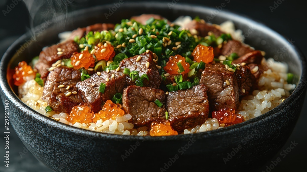 Delicious Beef Bowl with Rice, Ikura, and Scallions Delicious Beef Bowl with Rice, Ikura, and Scallions