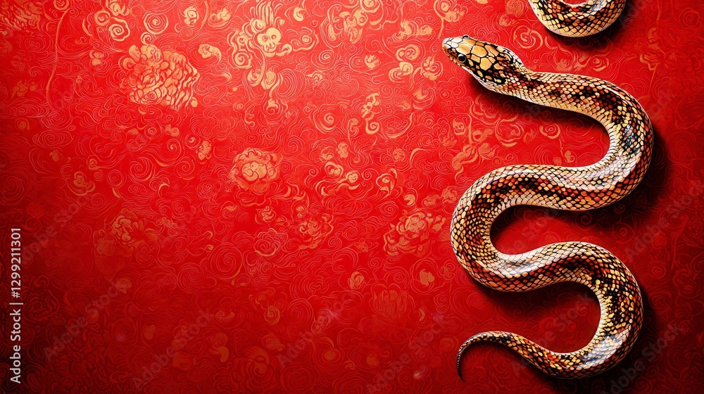 Snake on Red Chinese Pattern Background Snake on Red Chinese Pattern Background