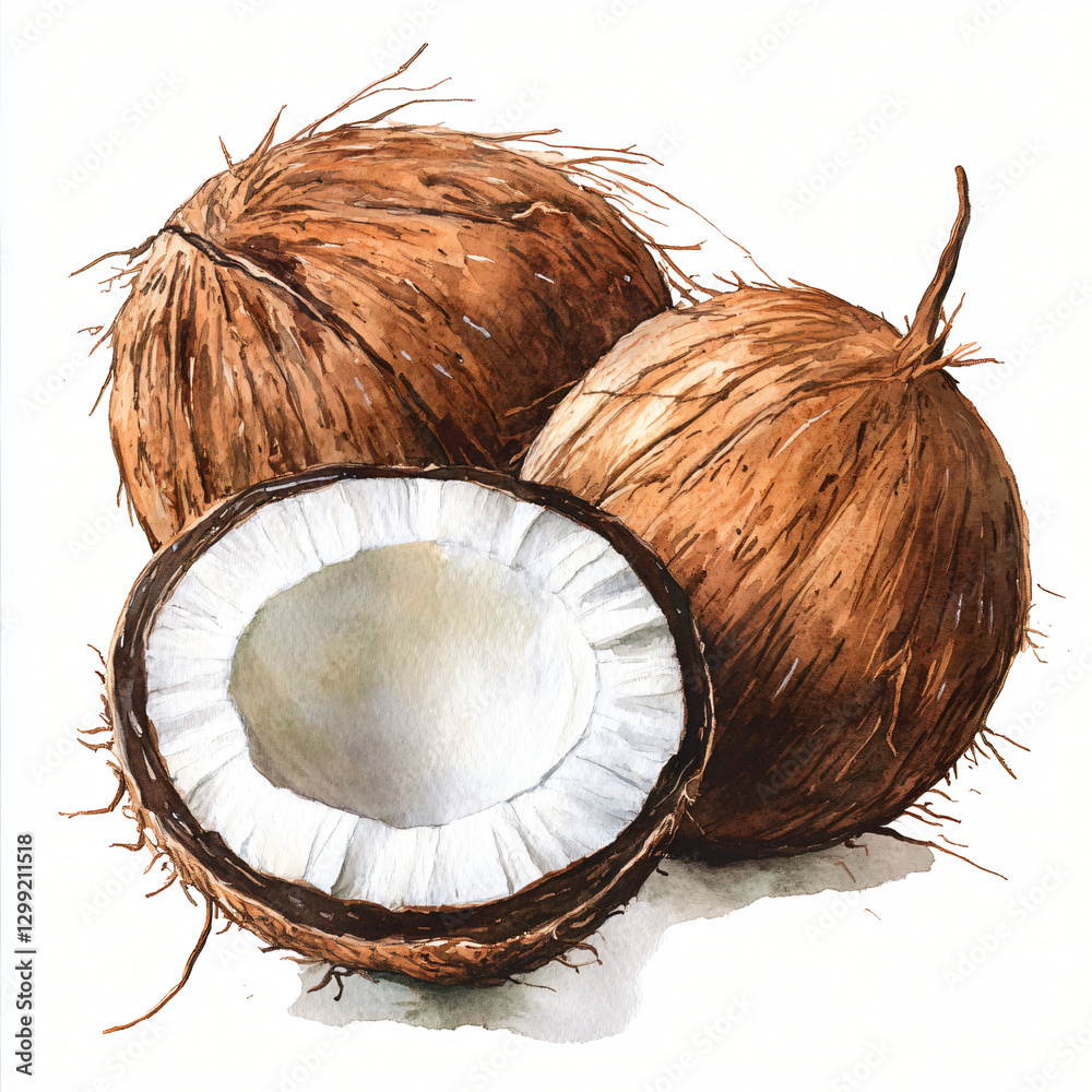 A Watercolor hand-painted coconut sliced painting illustration isolated on a white background, coconut illustration, AI painted A Watercolor hand-painted coconut sliced painting illustration isolated on a white background, coconut illustration, AI painted