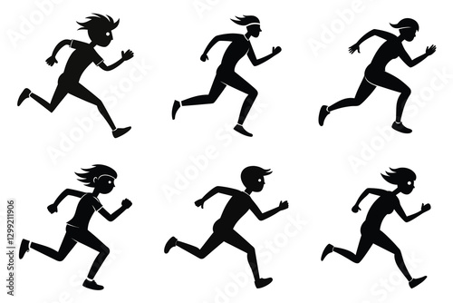 Set of six running people silhouettes. Collection of runners, sprinters, and joggers in various poses, isolated on white background.