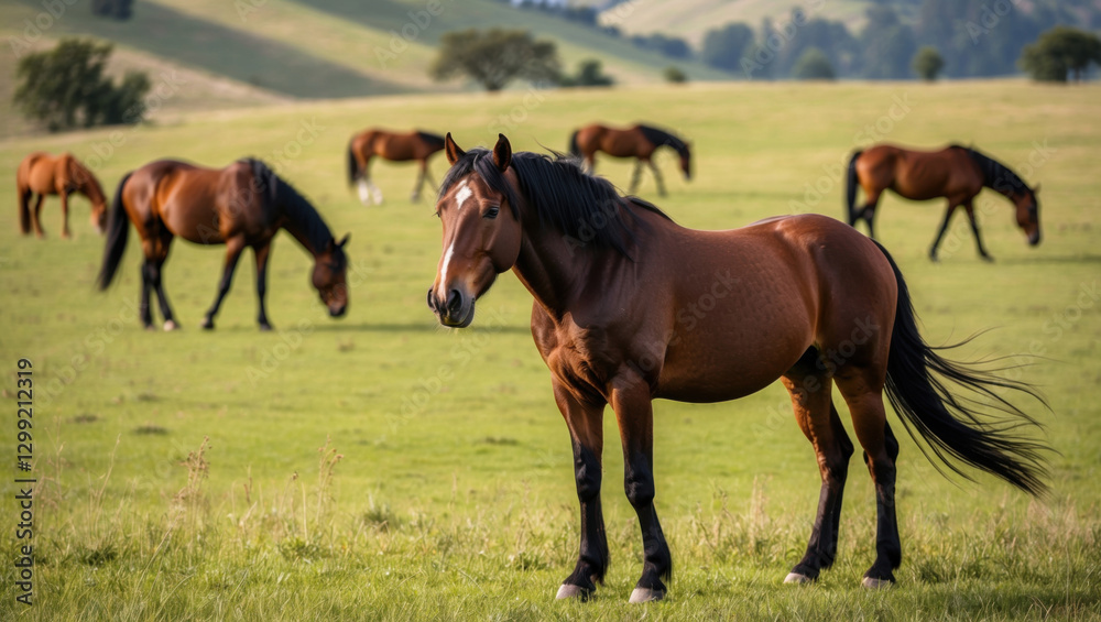 Graceful wild horse in open meadow, warm sunlight enhancing its coat. Rolling hills and scattered trees create a serene, untamed atmosphere. Great for nature visuals. Graceful wild horse in open meadow, warm sunlight enhancing its coat. Rolling hills and scattered trees create a serene, untamed atmosphere. Great for nature visuals.