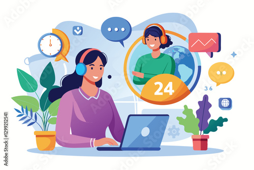 A customer service agent provides support through call and chat, engaging with clients online, online customer service call and chat, 24 hours global