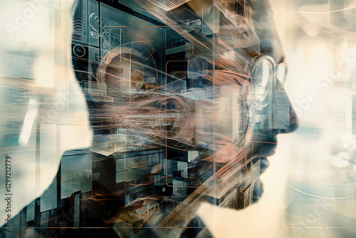 Man and Technology Overlayed in a Futuristic Digital Landscape