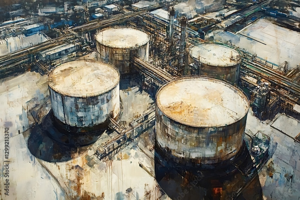 Aerial view captures the sprawling oil refinery plant. Showcasing large storage tanks. Complex pipelines. And industrial infrastructure. Highlighting the scale and complexity of energy production Aerial view captures the sprawling oil refinery plant. Showcasing large storage tanks. Complex pipelines. And industrial infrastructure. Highlighting the scale and complexity of energy production