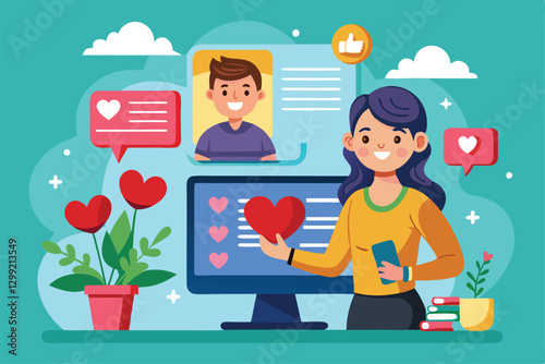 A person enjoying online dating, interacting with messages and a profile on their computer at home, Online dating Customizable Cartoon Illustration