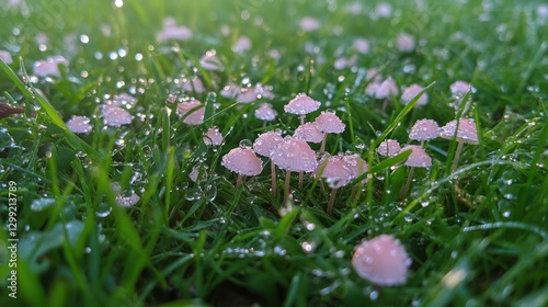 Delicate pink mushrooms in dewy grass at dawn