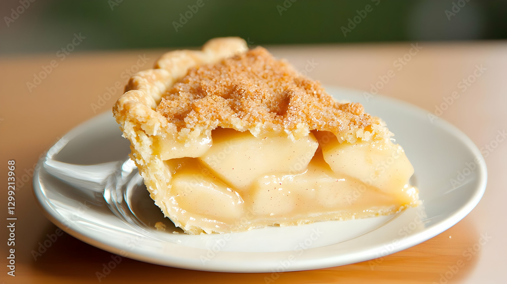 Delicious Apple Pie Slice on White Plate with Golden Crust and Apple Filling Delicious Apple Pie Slice on White Plate with Golden Crust and Apple Filling