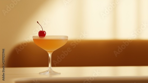 Elegant cherry cocktail in sunlit coupe glass on minimalist background