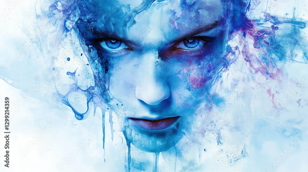 Fototapeta premium abstract portrait, blue watercolor art, intense eyes, emotional expression,