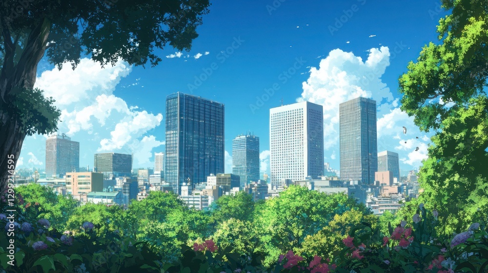 Fototapeta premium Vibrant Cityscape Viewed Through Lush Green Trees On A Sunny Daytime Scene Featuring Buildings And Sky With Clouds, And Trees With Leaves And Foliage, And Modern Architecture Highrises And Towers. A