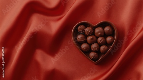 Heart-shaped box of chocolates on luxurious red satin background