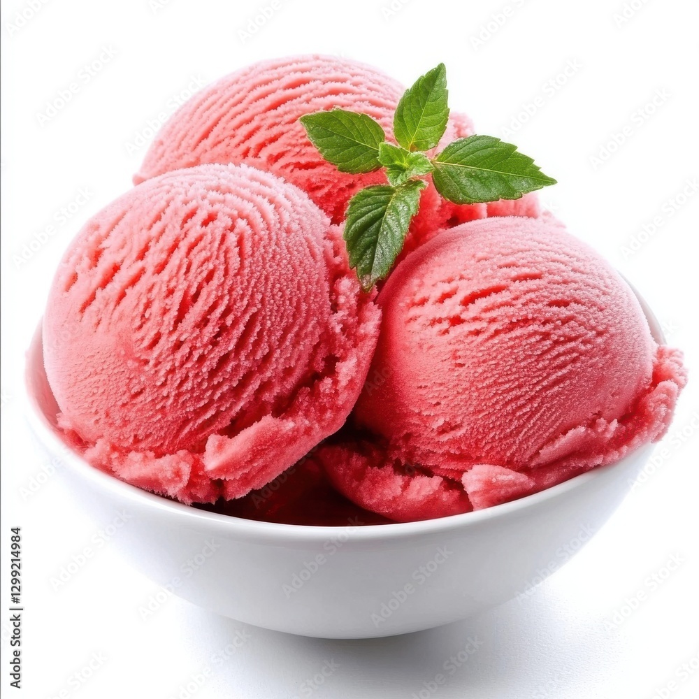 Strawberry sorbet ice cream in a bowl isolated on white background Strawberry sorbet ice cream in a bowl isolated on white background