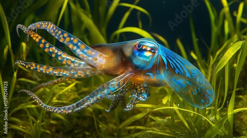 Mesmerizing Cuttlefish shifting colors in an instant its chromatophores pulsing with electric blue and amber hues tentacles poised as it glides through a seagrass bed