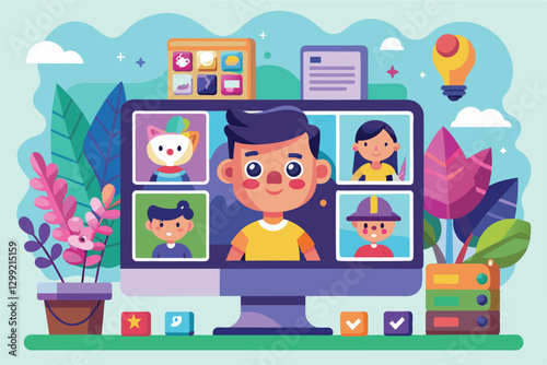 A cheerful design showcases a cartoon character enjoying an online gallery with interactive elements, Online gallery Customizable Cartoon Illustration