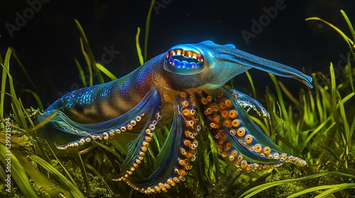 Mesmerizing Cuttlefish shifting colors in an instant its chromatophores pulsing with electric blue and amber hues tentacles poised as it glides through a seagrass bed