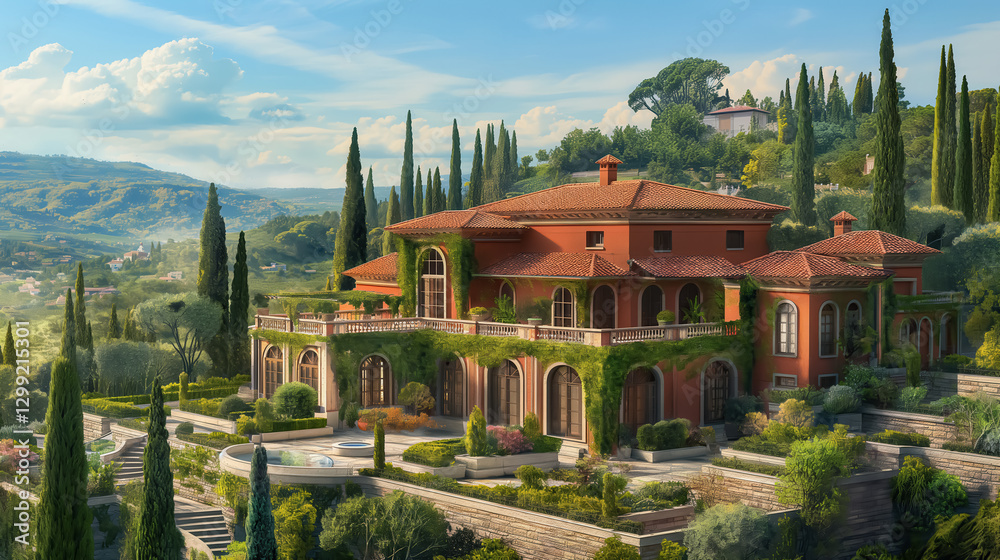 Obraz premium Mediterranean Villa with Terracotta Roofs and Expansive Terraces This digital illustration highlights panoramic views, vineyards, and a lush landscaped garden