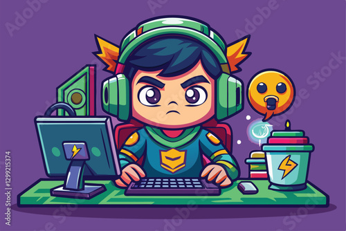 A cartoon character intensely plays an online game, surrounded by gaming gear and colorful icons, Online games addiction Customizable Cartoon Illustration