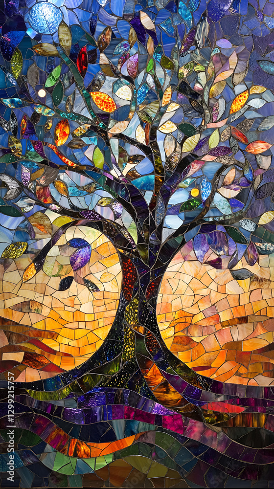 Obraz premium A tree of life with many branches and leaves, the tree is made from a glass mosaic art style 