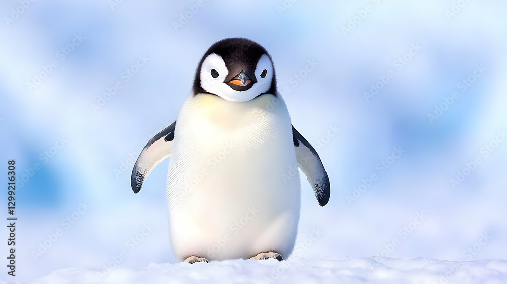 Obraz premium Emperor Penguin chick on Antarctic ice, snowy background, wildlife